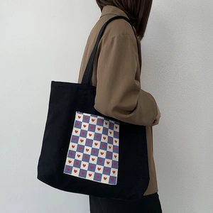 Japanese style black canvas tote bag with heart checkerboard pocket and large capacity