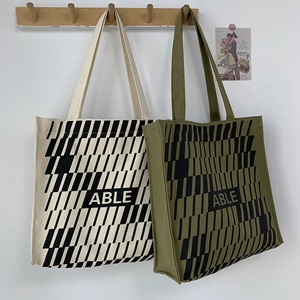Large Capacity Canvas Tote Bag Geometric Print Letter Shoulder Handbag Daily School Travel Minimalist Trendy
