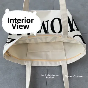 Top view of canvas tote showing zipper closure and interior pocket for organization