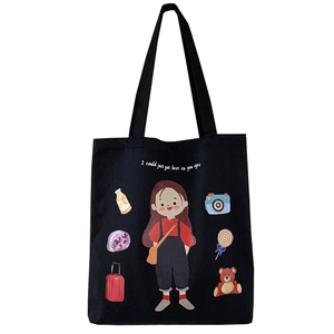 Black canvas tote bag featuring artistic cartoon girl illustration and vintage lettering