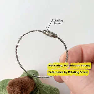 Macro shot of stainless steel screw lock cable ring attached to a plush orange charm