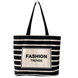 Striped canvas tote bag with black and white horizontal lines and Fashion Trends print