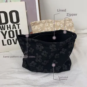 Detail of floral jacquard texture and zipper on beige and black makeup bags
