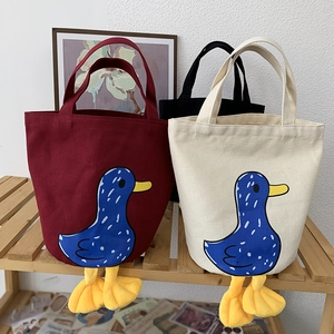 Japanese style canvas lunch tote bag with cute 3D duck feet and cartoon duck pattern