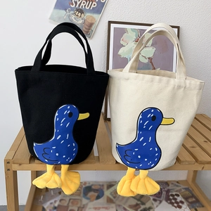 Japanese Style Cute Duck Canvas Lunch Bag With Plush Feet Portable Handbag For School Office Travel Outdoor Carry Tote