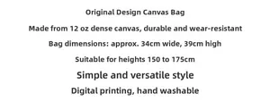 Detail showing 12oz canvas material specifications and 34x39cm size for the tote bag