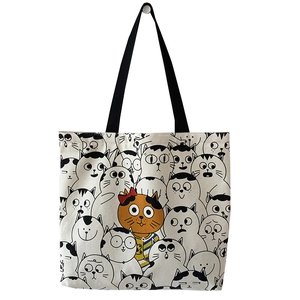 Cute canvas tote bag with cartoon cat prints and black handles for women students
