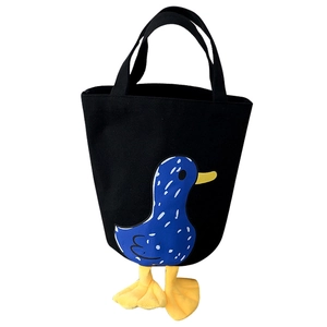 Japanese style canvas lunch tote bag with cute blue polka dot duck and plush yellow feet