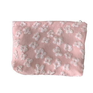 Pink floral jacquard large capacity makeup bag with white flower embroidery and zipper