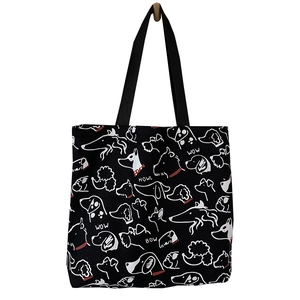 Large capacity canvas tote bag with black dog patterns and dual woven handles for women