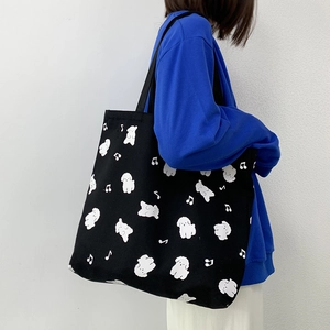 Sac cabas en toile noir avec motifs de petits chiens blancs, grand sac à main décontracté