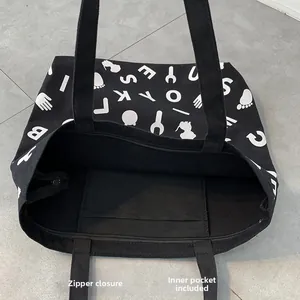 Macro view of the smooth zipper closure and secure inner pocket on black canvas tote bag