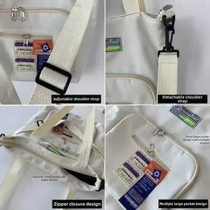 Detailansicht der verstellbaren Schultergurte und der Nylon-Umhängetasche mit vielen Taschen