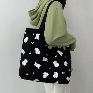 Sac fourre-tout en toile noir mignon avec imprimé chien blanc et notes de musique
