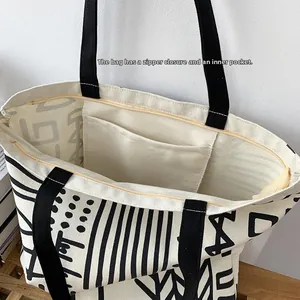 Detailed view of canvas tote featuring a secure top zipper and internal pocket compartment