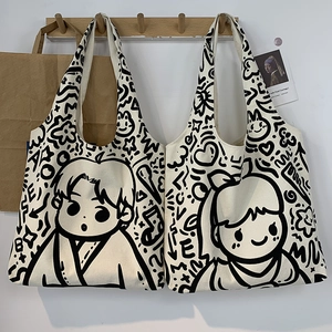 Canvas Tote Bag Cartoon Doodle Print Large Capacity Shoulder Handbag Casual Shopping School Student Japanese Harajuku Style