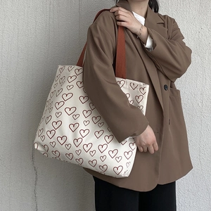 Japanese style canvas tote bag with red heart pattern and orange straps for women