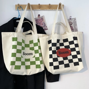 Canvas Tote Bag Checkerboard Print Large Capacity Casual Shoulder Handbag With Magnetic Buckle Retro Style Women