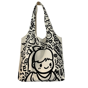 Large capacity off-white canvas tote bag featuring cute black cartoon girl doodle with zipper