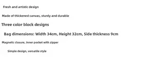 Detail specifications of thickened canvas tote bag with magnetic closure and inner pocket