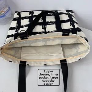 Detail view of large capacity canvas tote with checkered pattern and zipper closure