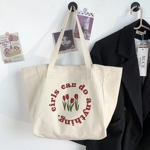 Aesthetic Canvas Tote Bag Tulip Flower Print Girls Can Do Anything Slogan Large Capacity Shoulder Handbag