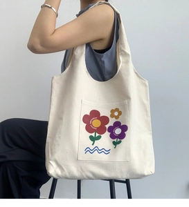 Detail of canvas tote bag with Happy Birthday flower print and wide shoulder strap
