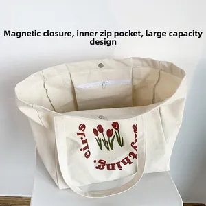 Detail of canvas tote bag featuring magnetic closure and interior zipper pocket