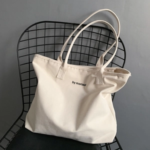 Canvas Tote Bag Large Capacity Zipper Minimalist Korean Ins Style Shoulder Bag For Women Daily Yoga School