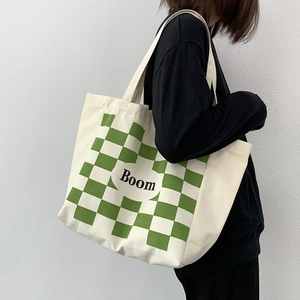 Large capacity canvas tote bag with green checkerboard pattern and Boom text print