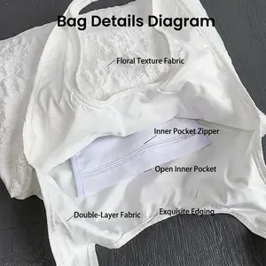 Sac tote blanc brodé de fleurs avec poche intérieure zippée et doublure double couche