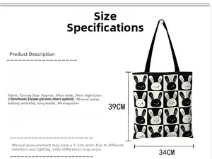 Size chart showing 34x39cm black canvas tote bag with zipper and inner pocket details