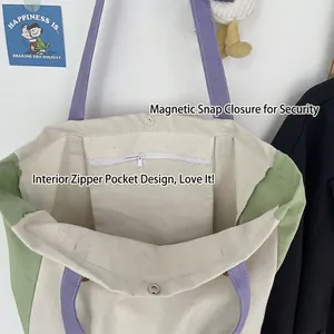 Large macaron color canvas tote bag with green sides, purple straps and magnetic closure