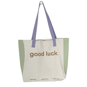 Macaron color canvas tote bag with Good Luck print and large capacity for summer