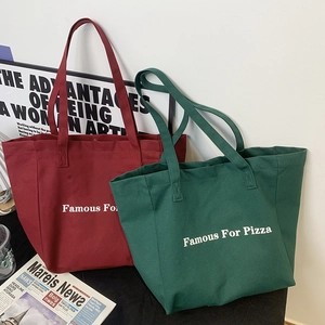 Sac Fourre-Tout En Toile Grande Capacité Imprimé Lettres Famous For Pizza Sac À Main Décontracté Streetwear Voyage Étudiant