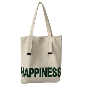 Sac fourre-tout en toile minimaliste avec imprimé Happiness vert et longues anses