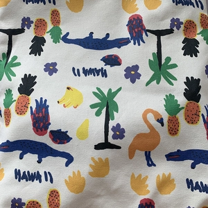 Hawaii tropical print canvas tote bag featuring pineapples, flamingos and palm trees