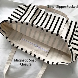 Striped canvas tote bag with internal zipper pocket and magnetic closure for women