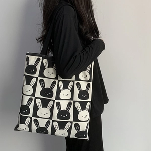 Cute bunny checkered canvas tote bag with large capacity for students and daily casual use