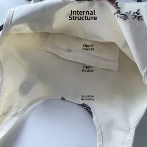 Detailed interior of canvas tote bag featuring a zipper pocket and reinforced edges