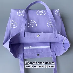 Sac fourre-tout en toile violette avec motif cœur et fermeture magnétique à plat