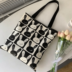 Kawaii Cartoon Rabbit Checkerboard Print Canvas Tote Bag Large Capacity Shoulder Handbag With Zipper For School Casual