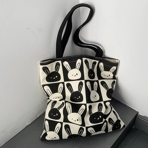 Checkerboard rabbit canvas tote bag with black shoulder straps and large capacity