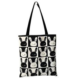 Cute bunny checkerboard canvas tote bag with large capacity and zipper for students