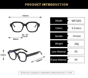 Tableau des tailles détaillé pour lunettes carrées rétro avec dimensions et infos matériel