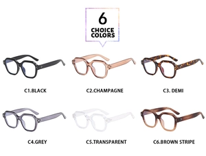 Catalogue détaillé montrant 6 lunettes carrées vintage stylées en plusieurs couleurs