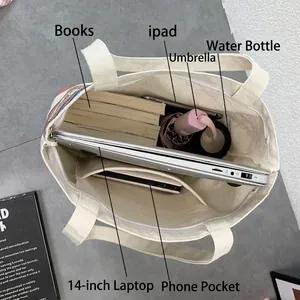 Canvas tote bag with large capacity showing interior for laptop, books and umbrella