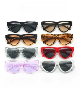 Macro shot of eight different color options for trendy triangle cat eye sunglasses