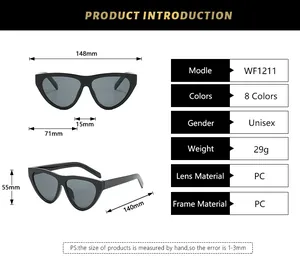 Size chart showing specs for triangle sunglasses with frame width 148mm and PC lens material