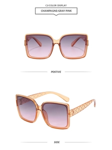 Detail view of champagne square oversized sunglasses with gradient pink lenses and diamond patterns